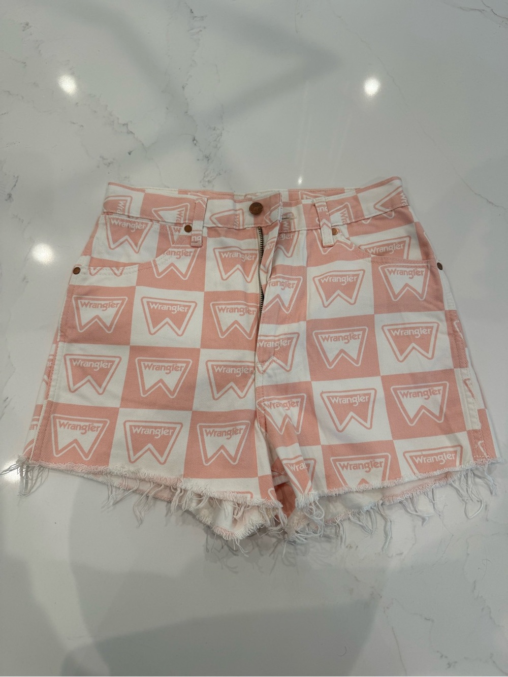 Wrangler Pink Checker Logo Denim Cutoff Shorts